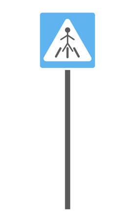 Crosswalk road sign isolated on white. Traffic sign pedestrian srossing vector illustration. Road sign black silhouette of a walking man on a striped zebra crossing. Sign for a road crossingのイラスト素材