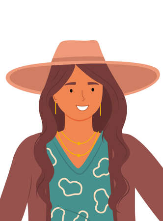 Beautiful girl in a brown hat on a white background. Stylish portrait of young woman flat style. Smiling female character wearing in aquamarine blouse and a wide brim headdress. Elegant pretty girlのイラスト素材