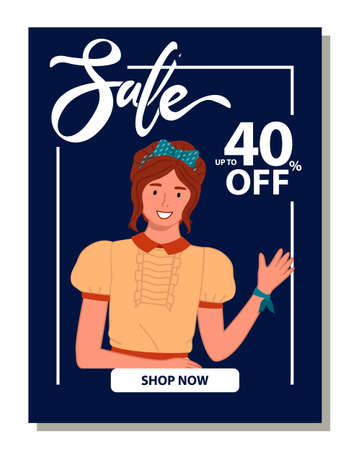 Sale banner with beautiful woman makes a welcome gesture with her hand. Discount poster template. Big sale special offer. End of season special proposition banner vector illustration flat styleのイラスト素材
