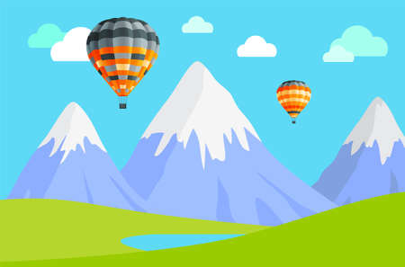 Clouds and striped hot air balloons against a blue cloudy sky. Hot air balloon festival vector illustration. Beautiful sight several colored bright balls in mountaine landscape. Romantic flight travelのイラスト素材