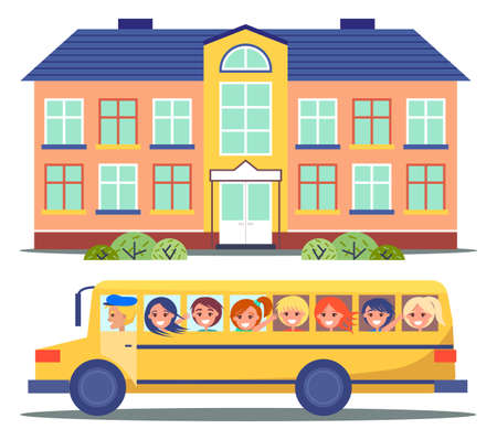 School bus, vector illustration of a school bus with driver and happy school kids on the road. Group of cheerful children going to school in a bus on the background of the facade of school buildingのイラスト素材