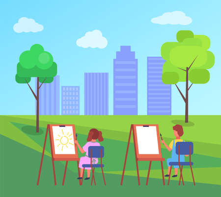 Child sitting on the chair near the easel in city park and drawing aquarell paints on large sheet of paper, education and child development. Kid holding paint brush in hand, draw from nature back viewのイラスト素材