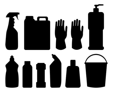 Black silhouette of bottles group of household chemicals, supplies and cleaning, tools and containers for cleaning. Icons set of plastic flasks from chemical detergents, bucket and latex glovesのイラスト素材