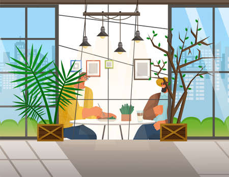 Friends are sitting in cafe or restaurant at a table eating and drinking. Cheerful men in glasses having fun, talking, communicating. Meeting good friends. View from the street through a large windowのイラスト素材