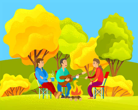 Campfire autumn time outdoor fun. Happy young friends at camp or picnic, singing songs playing guitar, enjoy roasting marshmallow at fire, sitting and talking. Group of tourists resting at bonfireのイラスト素材
