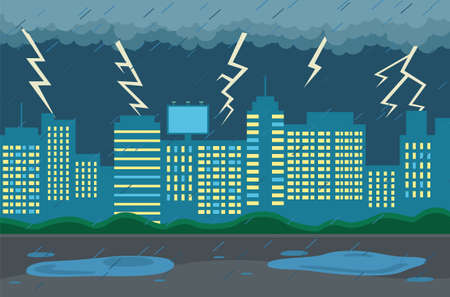 Rainy weather in city at night. Dark clouds looming over the town, goes rain, strong lightning and thunder. Cityscape with large city buildings with luminous windows, puddles on the road in eveningのイラスト素材