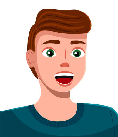 Cartoon illustration of a handsome young man with broad smile. Dark-haired smiling man isolated on white background. Male character surprised, eyes wide open. Person s mouth is open, he says somethingのイラスト素材