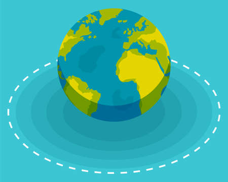 Planet earth on blue background vector illustration. Top view of the planet in the form of a sphere with shadow. Globe in blue and green colour with continents and oceans, geography element world mapのイラスト素材