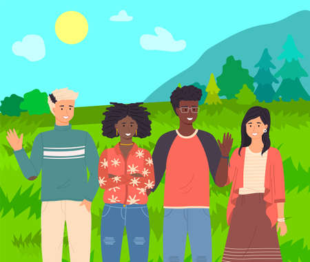 Group of fashion cartoon young people. Teenagers boys and girls standing together outdoor summer time. Students of different nationalities and skin colors. Friendly company waving a welcome gestureのイラスト素材