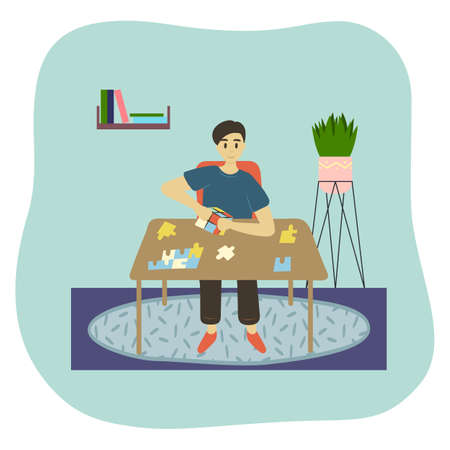 The boy plays puzzle games at home at the table, folds the cube and puts pieces of puzzles. Vector illustration of kid playing at home in the room with toys. Schoolboy spends time at home with benefitのイラスト素材