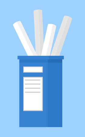 Pen holder dark blue with sticker office equipment. White pen or pencils in vertical plastic box. Office and home supply stationery and education. Vector illustration flat style clerical glassのイラスト素材