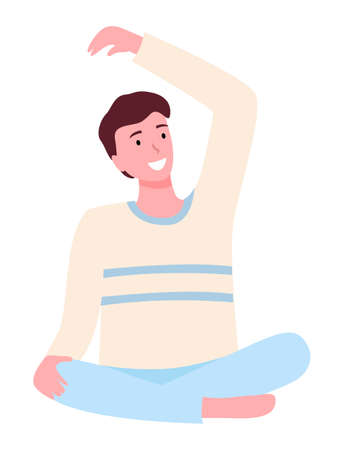 Man doing yoga isolated on white background. Young happy man sitting on the floor in lotus position. Male character taking care of his health, leads a healthy lifestyle, doing relaxation exercisesのイラスト素材