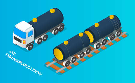 Truck with tank for transportation fluid cargo. Oil petroleum transportation tank car isometric vector. Cistern with fuel, oil, gas or liquid stand on railway platform. Transportation of liquid cargoのイラスト素材