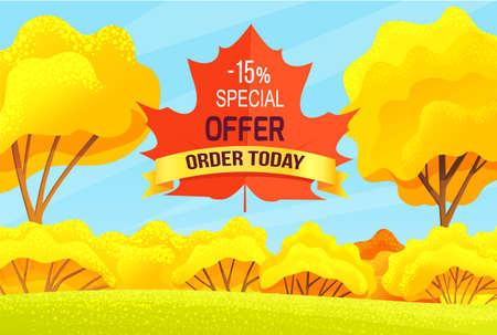 Sale autumn, promo action, -15 special offer, order today, discounts time, offer, promotional poster for stores or shops, banner concept, sale products, things, clothes, proposal to save moneyのイラスト素材