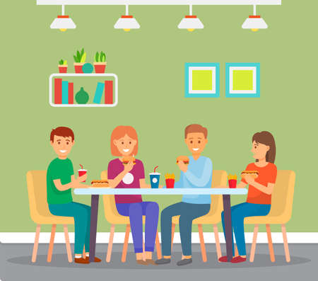 Happy group of friends eating fast food, sitting in cafe indoors, burgers, french fries, soda drink. Group of people spend leisure time together in cafeteria. Girls and guys enjoy of rest. Time to eatのイラスト素材