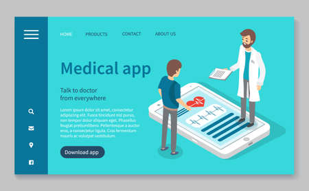 Template of landing page medical website. Online consultation with doctor. Doctor and patient. Remote medical consultation. Virtual medicine and online diagnostic. Distance medicine. Isometric phoneのイラスト素材