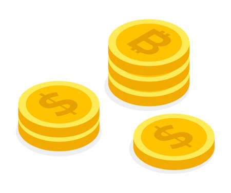 Stacks of coins. Electronic money. Golden bitcoins and dollars isolated at white. E-money, electronic contactless payment, electronic cash. Untracked digital currency. Currency exchange conceptのイラスト素材
