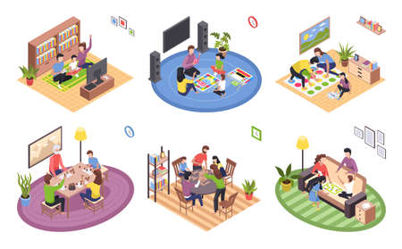 Board games family isometric set. Parents with kids sitting at table and playing tabletop games....