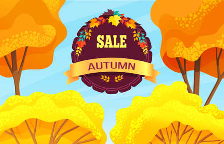 Sale autumn, promo action, discounts time, offer, promotional poster for stores or shops, banner concept, sale products, things, clothes, proposal to save money, golden trees symbols, decorationのイラスト素材