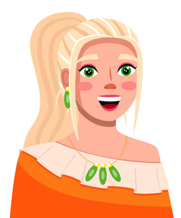 Vector cartoon character. Avatar of young blonde smiling woman wear orange cloth, with ponytail, green eyes, earrings and necklace. Happy isolated at white portrait of pretty girl. Attractive ladyのイラスト素材