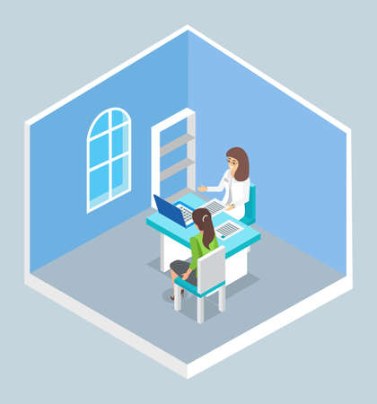 Isolated isometric cartoon characters. Doctor and patient sitting at table. Doctor s reception. Woman consulting with doctor about health. Diagnostic and consultation. Meeting patient and doctorのイラスト素材