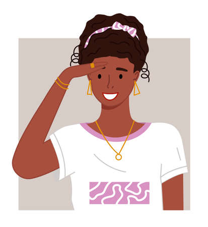 Portrait of young african woman with hairstyle, accessories looking forward. Smiling pretty black girl with golden earrings, necklace, ring on finger and bracelets. Happy afro female wearing t-shirtのイラスト素材
