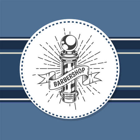 Barber pole, barbershop blue sticker, label, logo, stamp, template, advertisement, print for typography, traditional symbol, sign, signboard decorative nameplate vintage lettering with tapeのイラスト素材