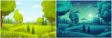 Day and night landscape with hills, forest, fir-trees, view at scenery with clear sky, full moon, summer fields with bushes and plants, nobody, ecological, non-urban, scene of countryside, wildのイラスト素材