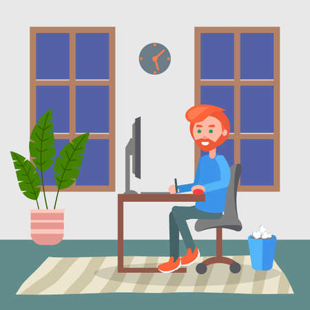 Programmer adult man sitting at table and using computer. Quarantine distance work. Freelance work at home. Effectively organizing home time. Home office. Young guy working online, freelancerのイラスト素材