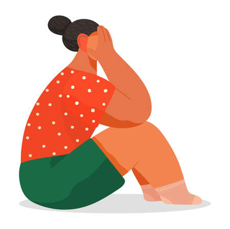 Crying woman, girl sitting on floor cover face with hands, sad female after quarreling, woman quarrel with her husband, emotions grief, weeping lady wearing home cloth, female has problem, cryのイラスト素材