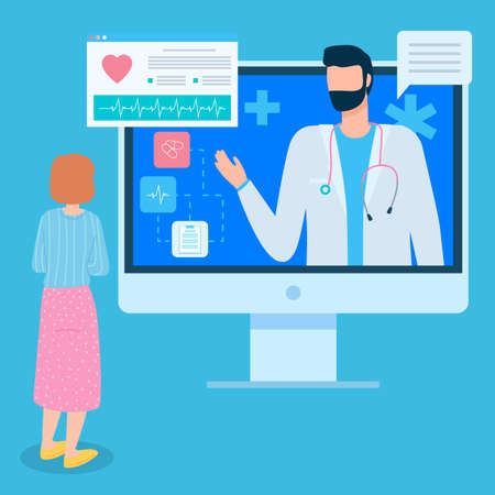 Worried woman chatting remotely with cardiologist or doctor for heart problems. Large cartoon screen monitor with heart symbol, cardiogram, text messaging, pills, prescription. Online medicine conceptのイラスト素材