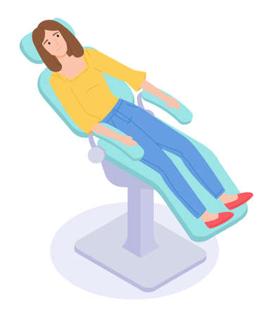 Isometric illustration of dentist consultation. Woman patient have problems with teeth, caries consultation with dentist in examination chair. Concept of medical help and healthcare flat vectorのイラスト素材