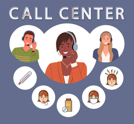 Call center concept design. Hotline workers advise customers on urgent health conditions. Service like 911. Men and women wearing headset conceptual customer service and communication. Flat imageのイラスト素材