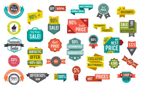 Collection of promotional banners, set of sales and discount stickers with price and percent. 50 and...