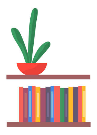 Brown plastic or wooden bookshelf, multi-colored stack folders, documents, red pot, green cactus or succulent. Folders and flower on office shelf. Decorating the office. Books, documents holderのイラスト素材