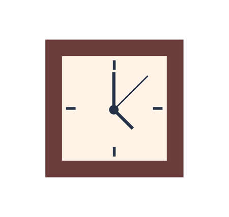 Square clock isolated wall watch showing 5 oclock. Vector time measurement device, alarm with minute, second and hour pointers, retro antique timerのイラスト素材