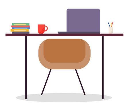 Office metal or wooden table, laptop, stationery, red cup, colored folders stack, round beige chair or armchair with metal legs. Employee workplace, comfortable office, furniture and electronicsのイラスト素材