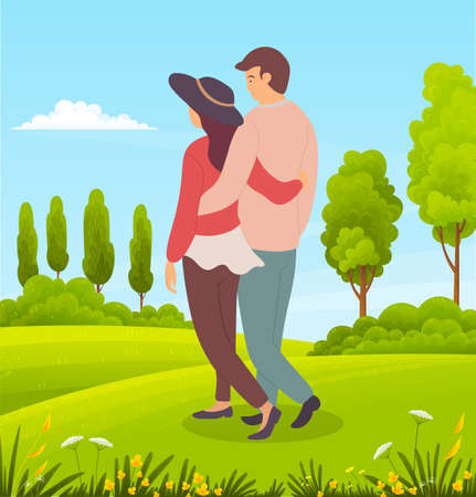 Young couple walks in countryside, green meadow, lush tree crowns, bushes, forest plants, orange small flowers, stems. Summer time. Walks in open air. Flat vector image for website, applicationのイラスト素材