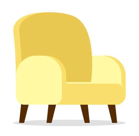Cartoon simple yellow armchair with wooden brown legs. Upholstery Furniture for the living room. Armchair rounded silhouette. The concept of staying home. Flat vector image islolated on whiteのイラスト素材