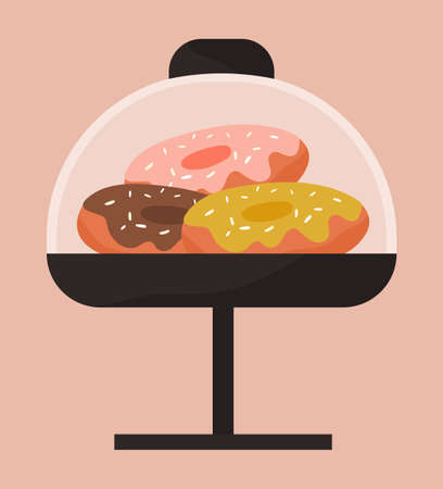 Donuts with icing on stand with high leg, under glass dome-lid. Glazed pastries. Yummy sweets. Breakfast in the cafe coffee and icing donuts. Cafeteria desserts. Catering. Ready baked cakes.のイラスト素材
