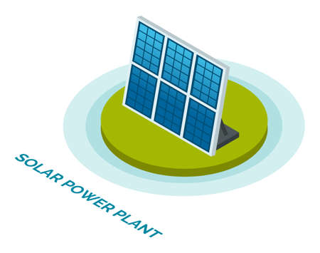 Solar power plant. Solar panels vector illustration isometric style. Green energy industrial ecologycal concept. Renewable energy sources. Modern technologies in energy supply using the sunのイラスト素材
