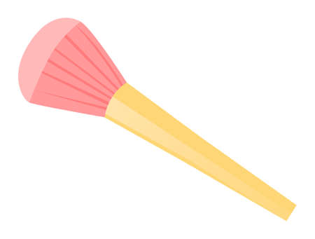Lrge image of luffy cosmetic pink brush with golden handler. Cosmetic brush for makeup, blush, make up. Pastel makeup. Blogger, streamer, model. Educational master class online. Flat vector imageのイラスト素材