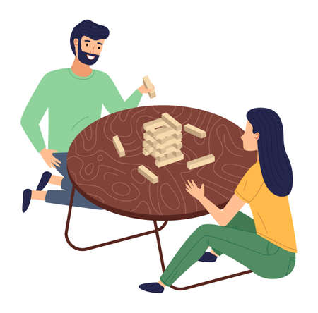 Married couple plays wooden stacks block. Wooden sticks, whetstones. Pull blocks. Development of attention and perseverance. Game from Tanzania. Children s wooden cubes. Board game, home funのイラスト素材