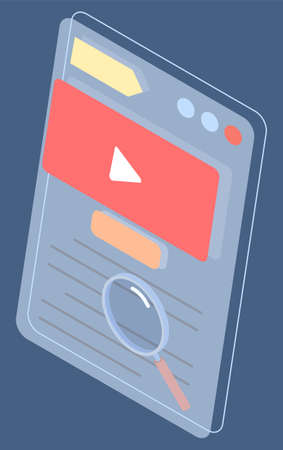 Video player interface. Social website with video content. Search video at site in internet. Magnifying glass, web icons. Watching film or video at website. Online streaming. 3d isometric illustrationのイラスト素材