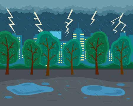 Rainy weather, lightning, thunder, storm. City park, ominous atmosphere, evening. Thunderstorm clouds, heavy rain. Autumn weather. Stay home. Skyscrapers with lighted windows on the backgroundのイラスト素材