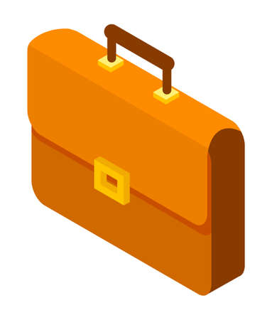 Isometric image of brown leather briefcase, business bag with yellow metal fastener on the lid. Rectangular case for documents. Male and female accessories. E-commerce. Flat isometric image on whiteのイラスト素材