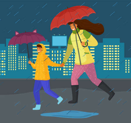 Family mother and son hurry at urban street during rain, adult woman and boy teenager with umbrellas, people wearing boots, running at puddles, night time buildings with light in windows at backgroundのイラスト素材