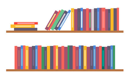 Bookshelf with books, vector simple icon with collection or set of colorful folders, shelves with notebooks, wooden furniture for office using, element of interior design for home, books lean on rowのイラスト素材