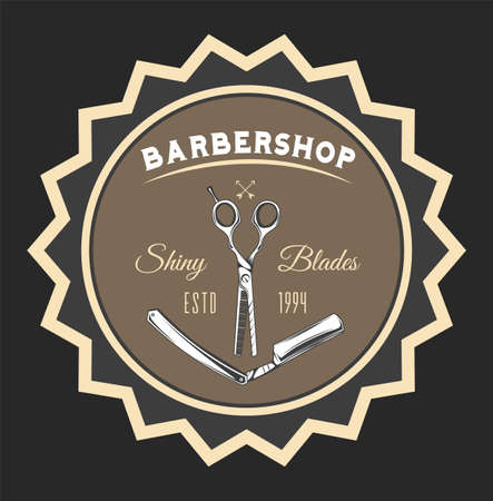Barbershop scissors, razor blade, shiny blades. Decoration elements, arrows, circle. Old black and brown poster isolated.のイラスト素材