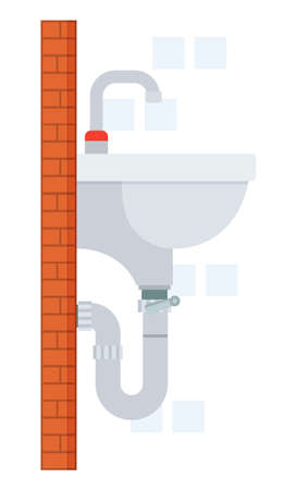 Sink in bathroom with faucet and pipe, place for washing hands, hanging at wall from bricks, part of interior for home, apartment, view from side, ceramic sink vector isolated icon in cartoon styleのイラスト素材